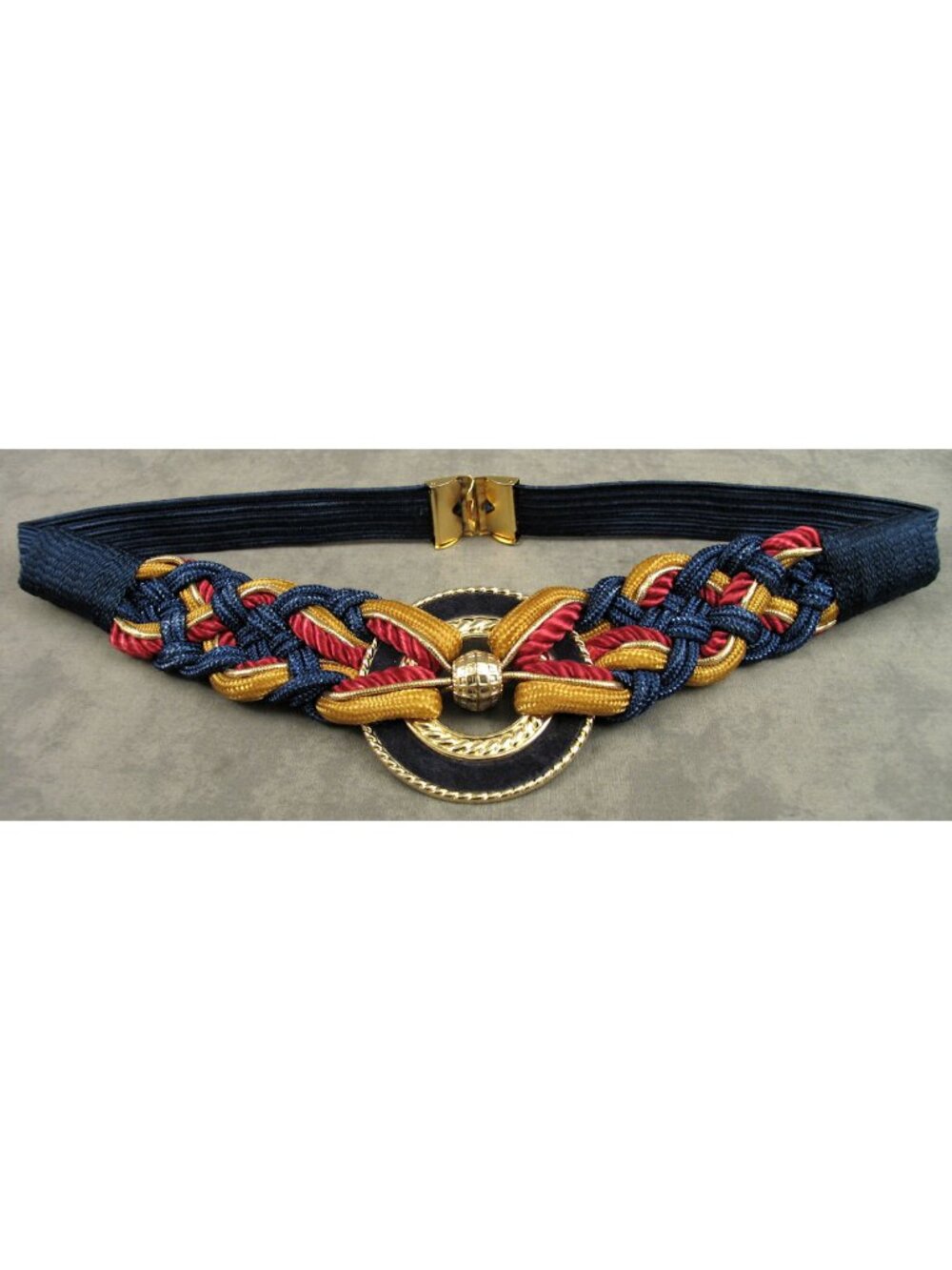 VTG 80s Boho Cord Rope Stretch Belt M L Medallion Jewel Tones